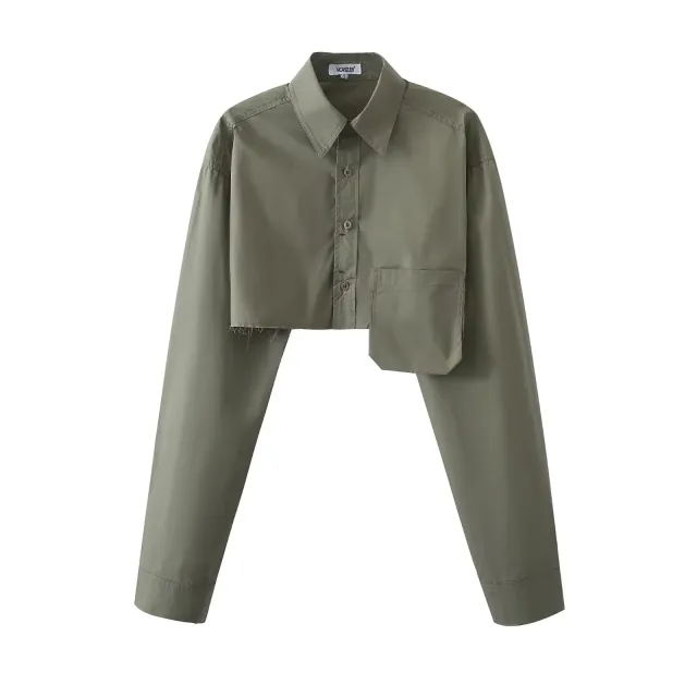 Waist exposed Long sleeved Blouse Girl Army Green - Shop at LoveMi