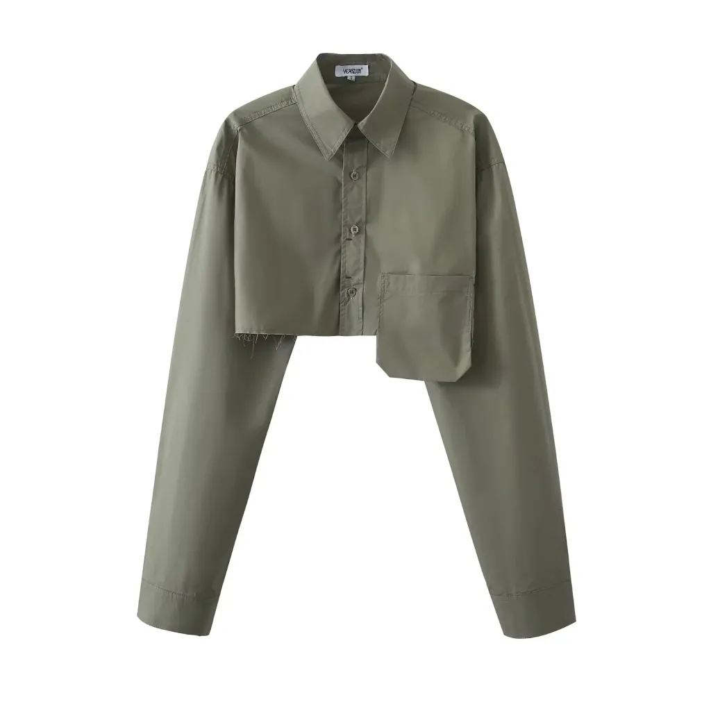 Waist-exposed Long-sleeved Blouse Girl - Army Green