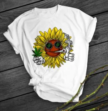 Smoking Sunflower Print Short Shirt Team Uniform European And American Fabrics White - Shop at LoveMi