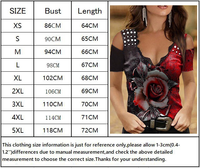 V-neck Lace Printed Short Sleeve Strappy T-shirt