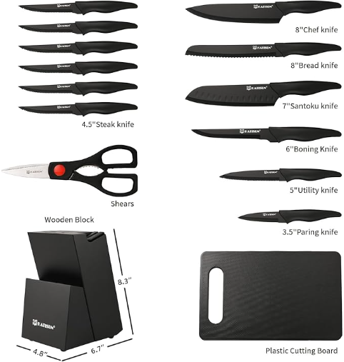 16 Pieces Kitchen Knife Block Set With Cutting Board, German Stainless Steel Knife Set With Sharpener, Dishwasher Safe, Anti-Slip Handle, 6 Steak Knives, Black 4