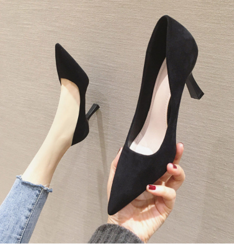 Stiletto Pointed Toe Spring Suede Pumps Black - Shop at LoveMi