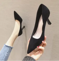 Stiletto Pointed Toe Spring Suede Pumps - Black - View 1