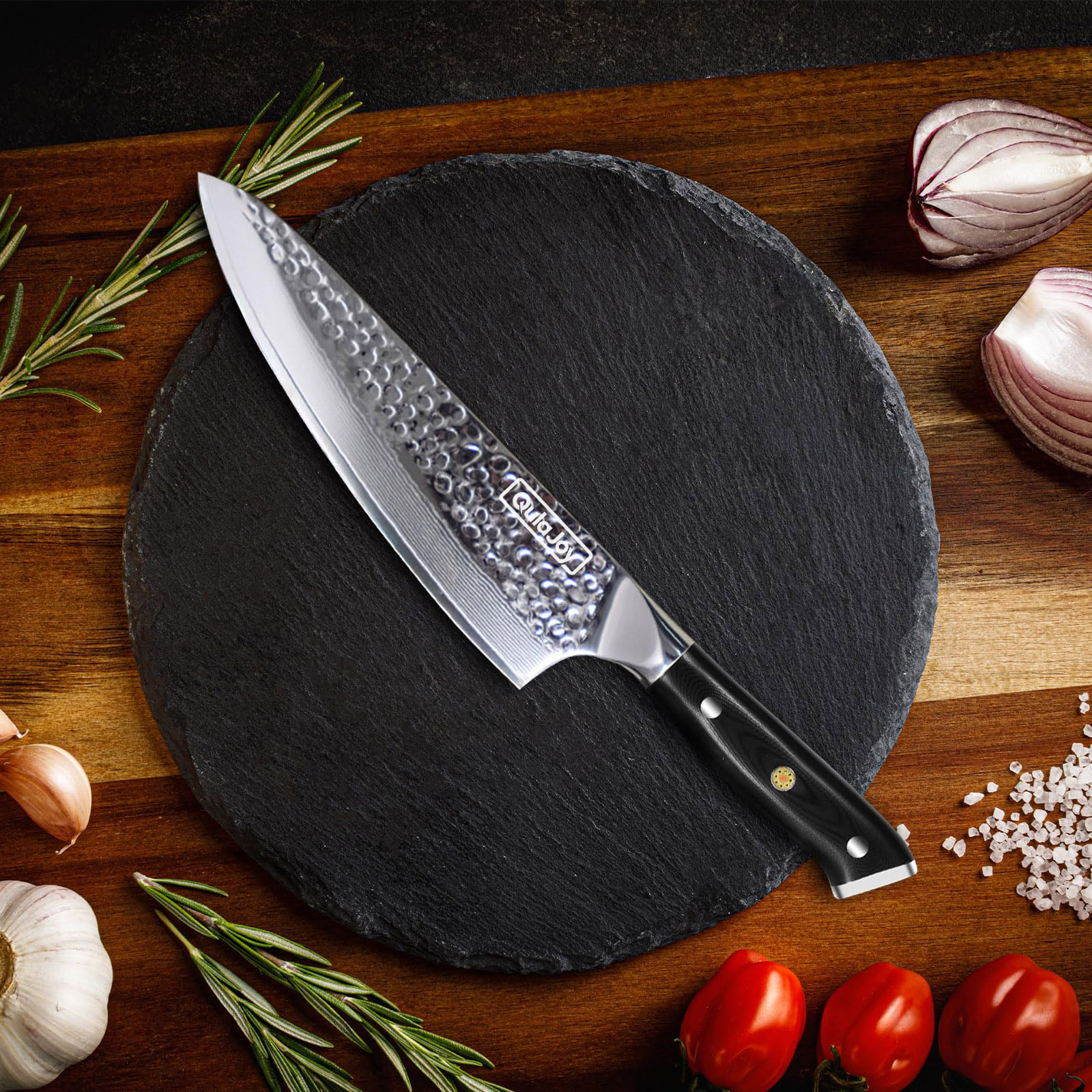 Qulajoy Chef Knife 8 Inch, Professional Japanese VG-10 Damascus 67 Layer Blade, Ultra Sharp Hammered Master Chefs Knife, Ergonomic G10 Handle, Triple Rivet And Full Tang