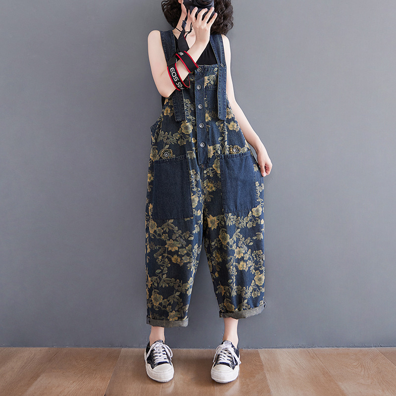 Title 4, Tuta jumpsuit in denim stampato, gamba larga, t...