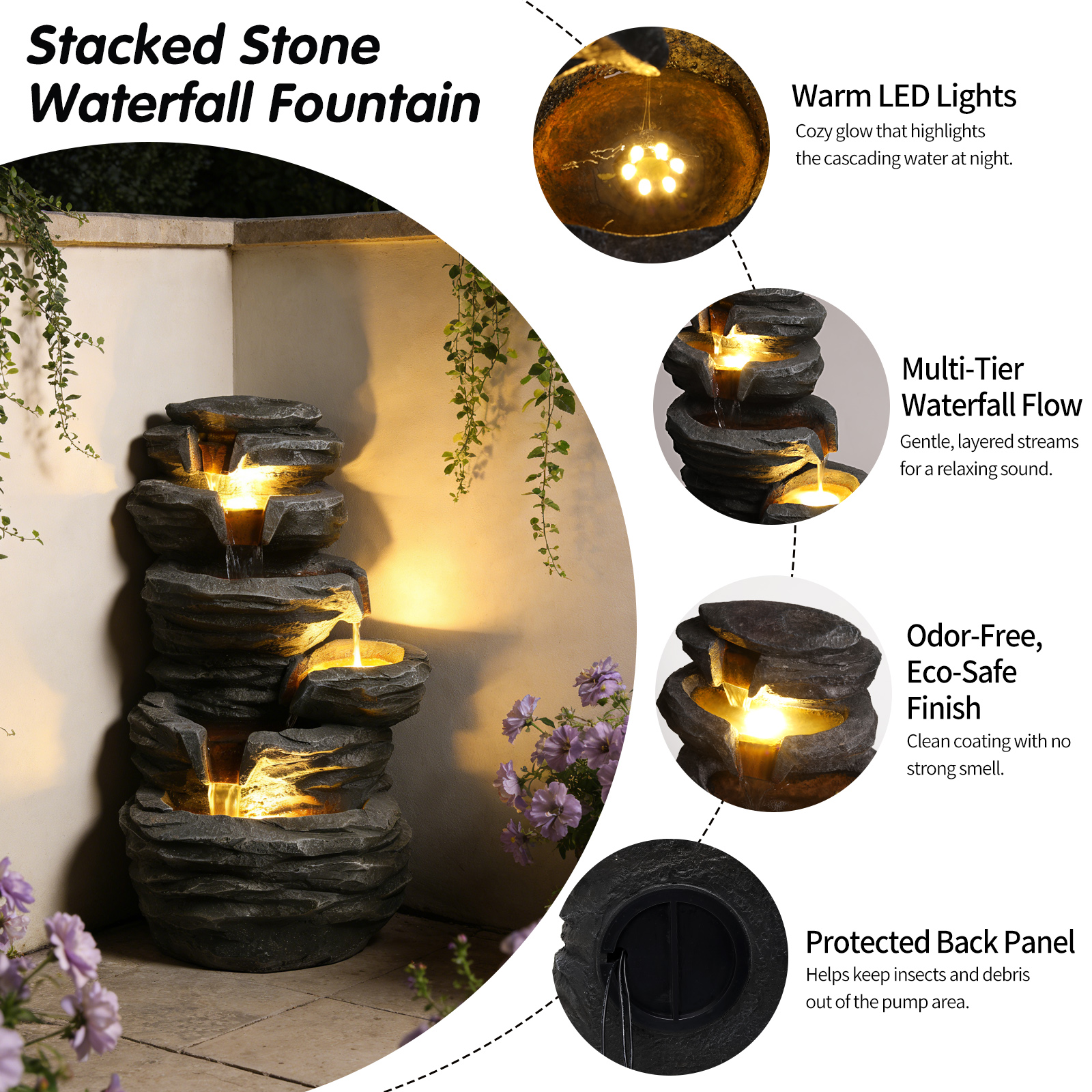 Outdoor Waterfall Fountain With Lights Stacked Rock Cascading Water Feature Resin Garden Decor For Patio Yard Porch Landscape — foto 7