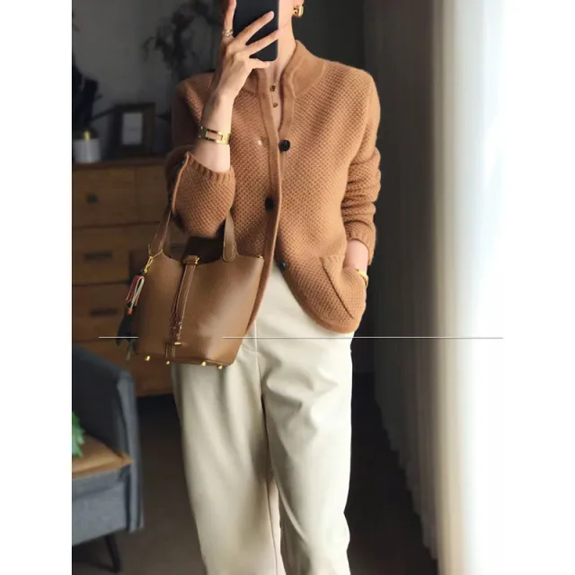 New All Wool Cardigan Women's Collar Sweater Golden Camel - Shop at LoveMi