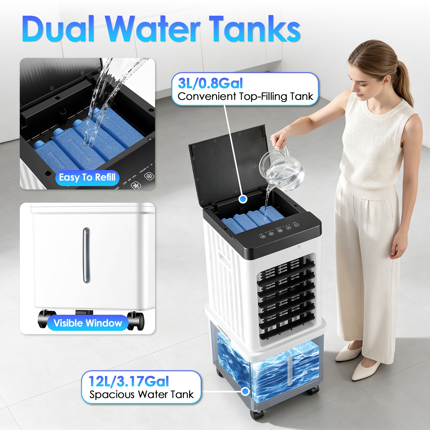 Portable Air Cooler Fan 12L Evaporative Air Conditioner With 3-Speed Dual Water Tank Touch & Remote Control 4 Wheels 4 Ice Packs Oscillation 15H Timer Visible Window For Bedroom Office Home — foto 3