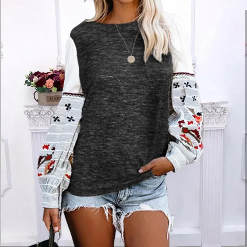 Round Neck Long Sleeve Printed Sweater Top - Gray