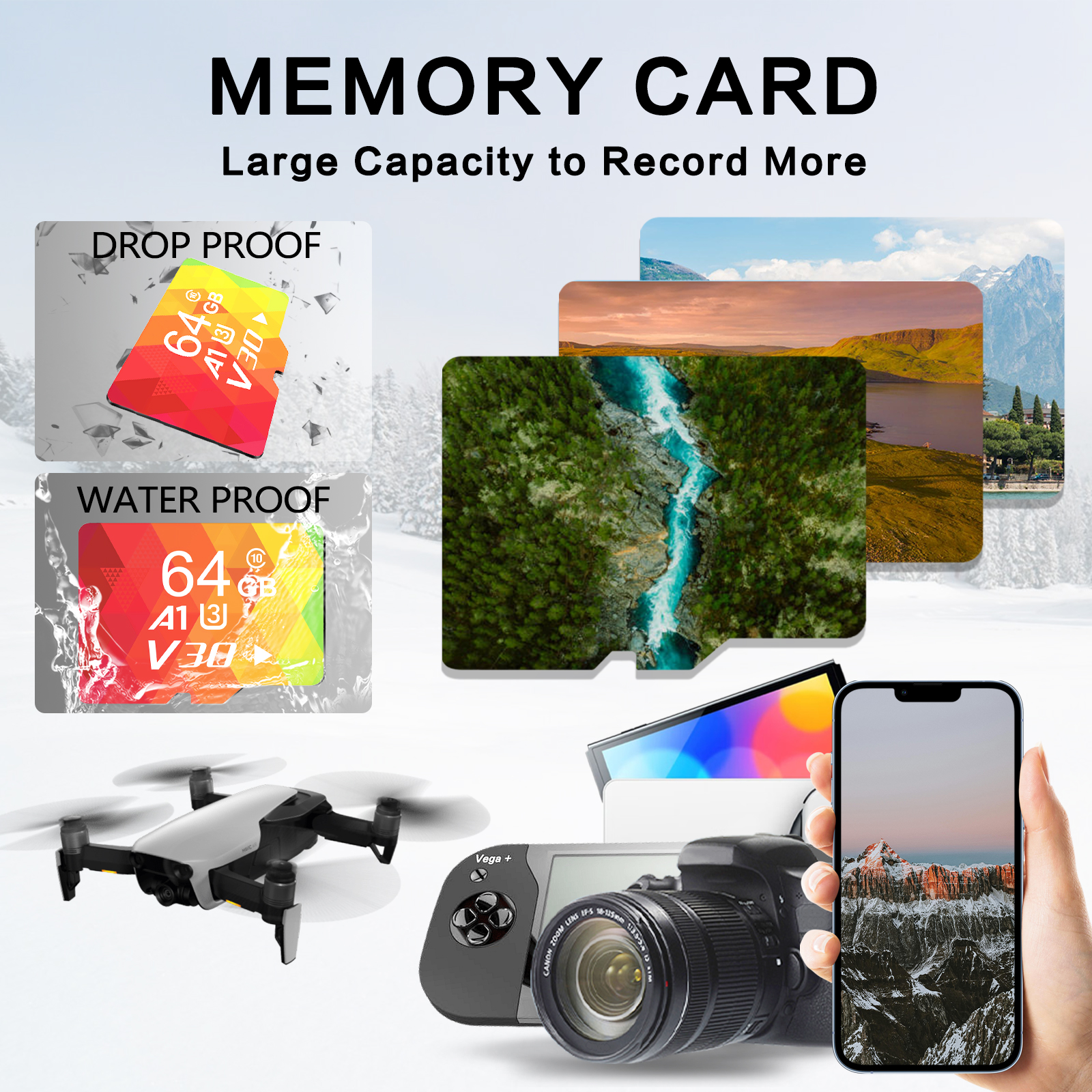 64GB Micro SD Card 3-Pack, A1-U3-V30 High Speed Memory Card, Compatible With Camera, Dash Cam, Smartphone, Tablet