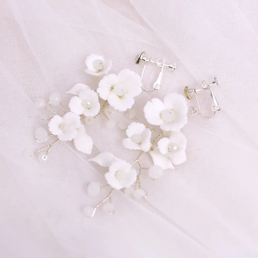 Handmade Crystal Bride Ceramic Flower Earrings