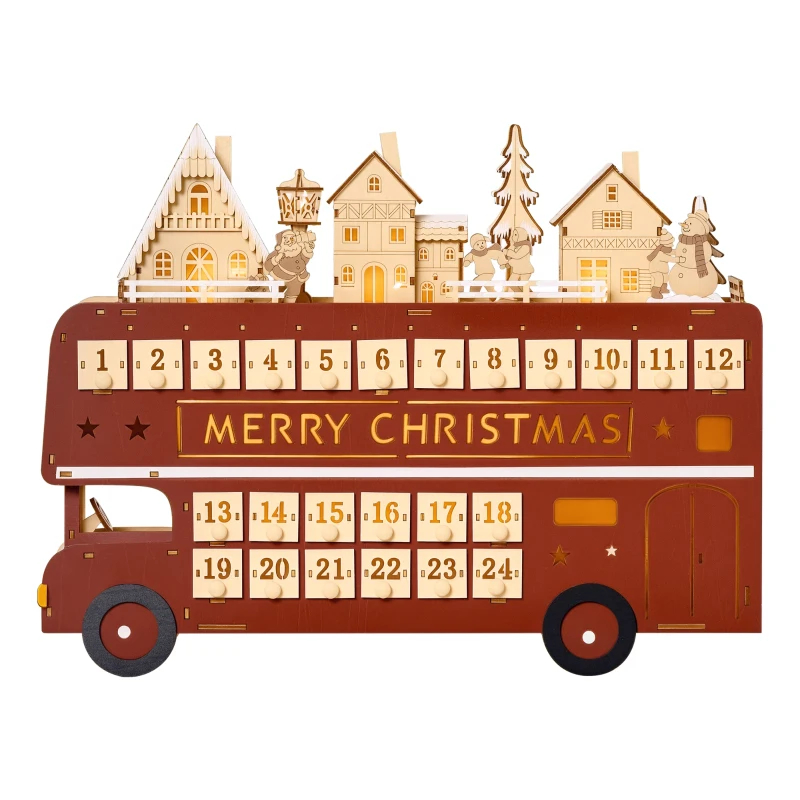 Christmas Advent Calendar, Light Up Table Xmas Wooden Bus Holiday Decoration With Countdown Drawer, Santa Claus Street House, For Kids And Adults