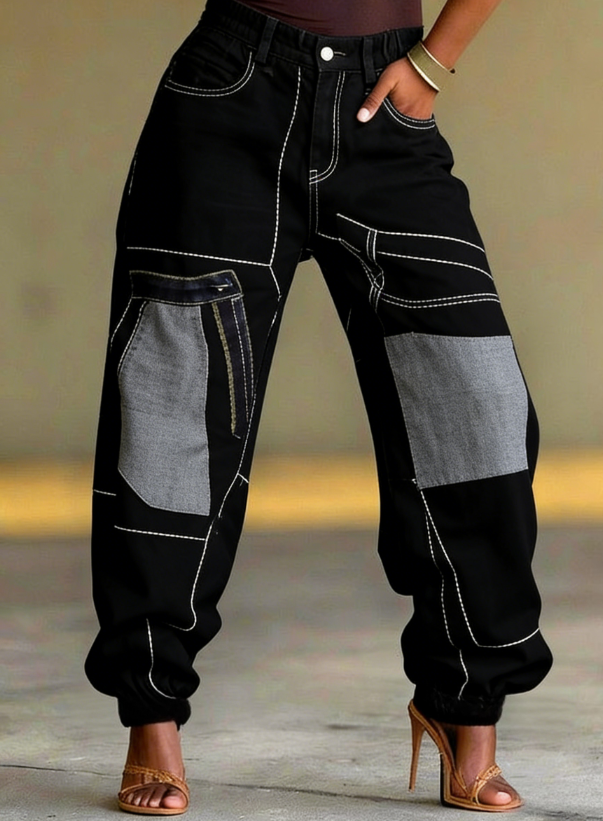 Vintage Distressed Color-block Patchwork Multi-pocket Cargo-style Jeans