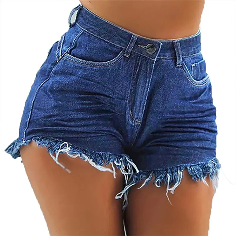 Mid-waist Ripped Sexy Fringed Denim Shorts - Blue