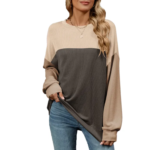 Fashion Contrast color Round Neck Long Sleeve T shirt Casual Pullover Top For Womens Clothing Grey - Shop at LoveMi