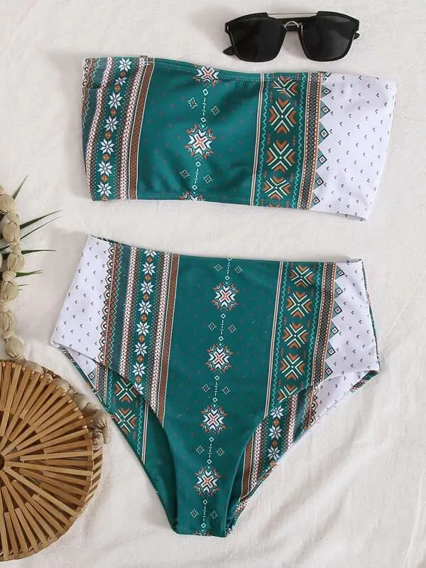 Women's Printed Bikini Split Tie High Waist Swimsuit - Green