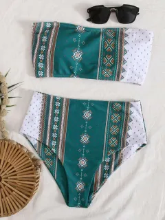 Women's Printed Bikini Split Tie High Waist Swimsuit - Green - View 1
