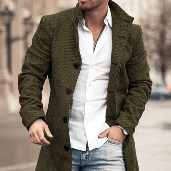 Autumn And Winter New Men's Woolen Stand Collar Medium Long Pocket Casual Coat