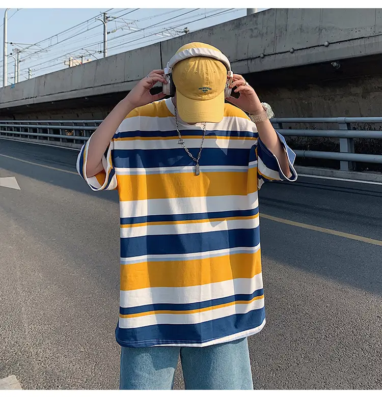 Striped T-shirt Men's Short Sleeve Loose Hong Kong Style Half