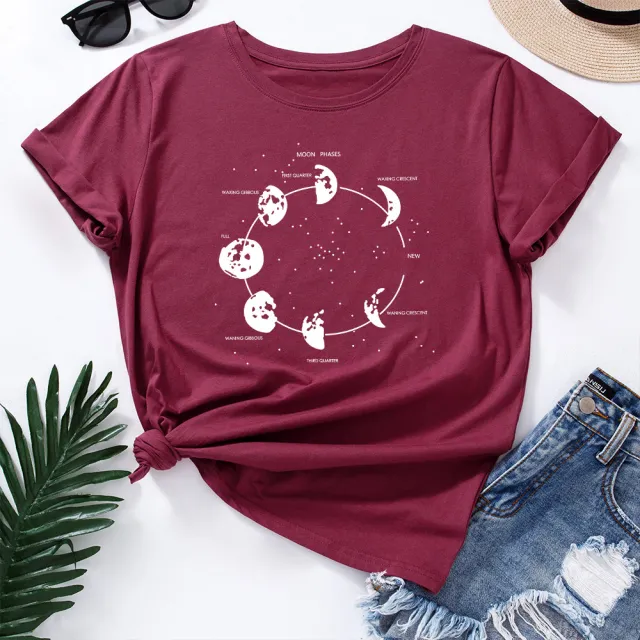 Cosmic Secret Print Loose Round Neck Short Sleeve T Shirt Women Red - Shop at LoveMi