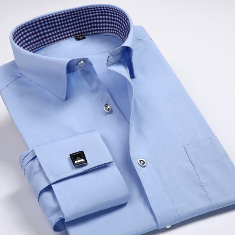 Men's Solid Color Folded Sleeve Business French Shirt
