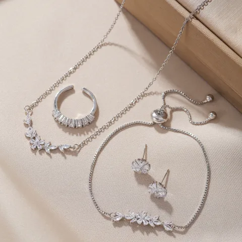 Simple Elegant Zircon Inlaid Jewelry Set Silver Flower Necklace