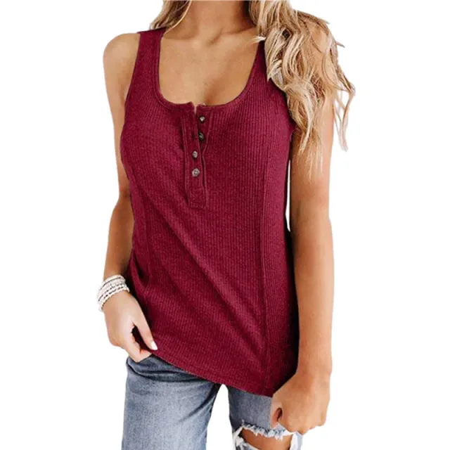 Solid Color Button Sleeveless Tank Top T Shirt Women Wine - Shop at LoveMi