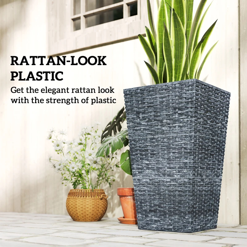 Tall Planters For Outdoor Plants Set Of 3, 24 In Taper Planters With Drainage Holes, Rattan Decor Plant Pots For Indoor Outdoor Front Porch Patio Backyard,
