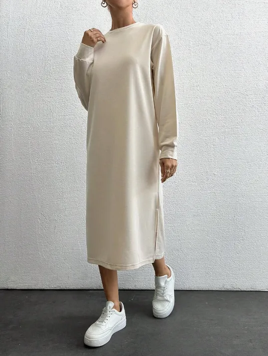 Cotton Solid Split Hem Sweatshirt Dress Beige - Shop at LoveMi