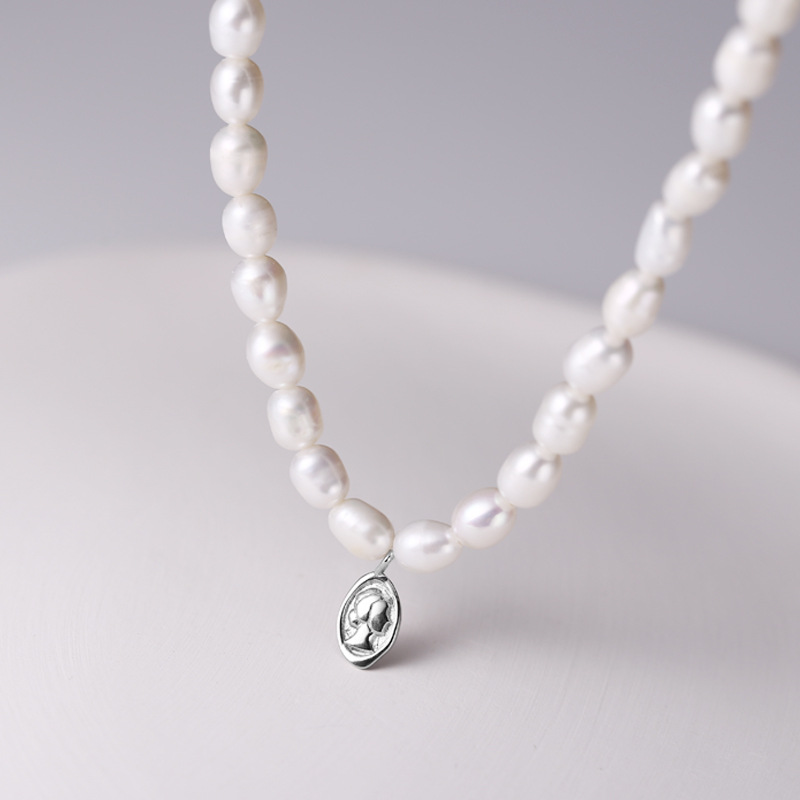 925 Sterling Silver Natural Pearl Oval Portrait Necklace For Women