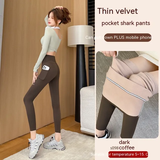 Fall High Waist Hip Lifting And Belly Contracting Yoga Barbie Bodybuilding Pocket Leggings Coffee Color Cropped Velvet - Shop at LoveMi