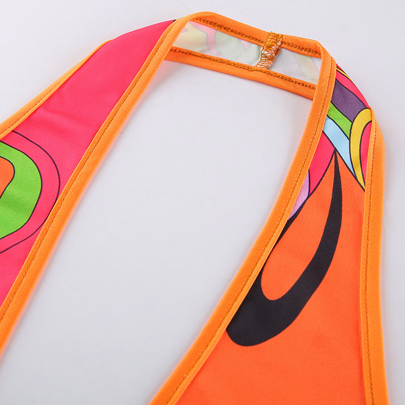 Printed Hollow Deep V-neck Sleeveless Halterneck Dress