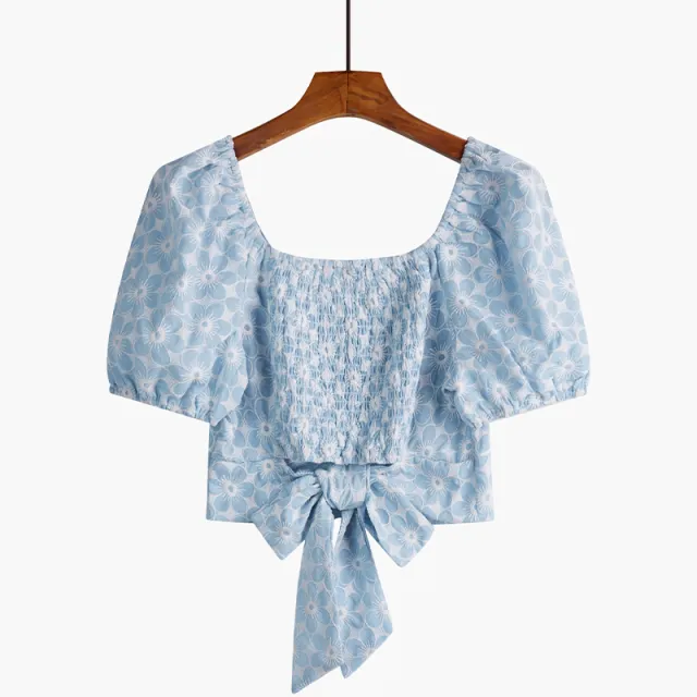 Women's Short Sleeve Thin Floral Puff Shirt Blue - Shop at LoveMi