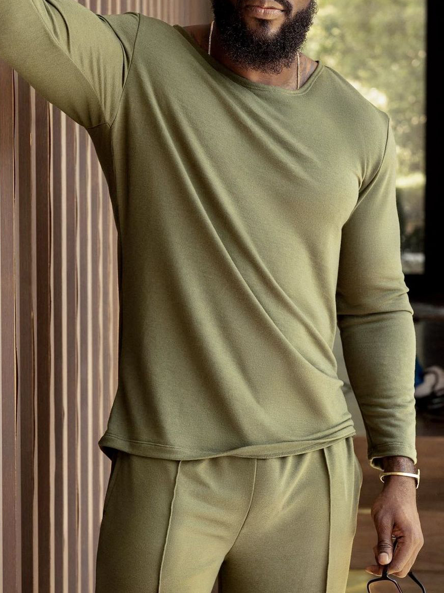 Men's Casual Solid Color Long Sleeve Top & Pants Set