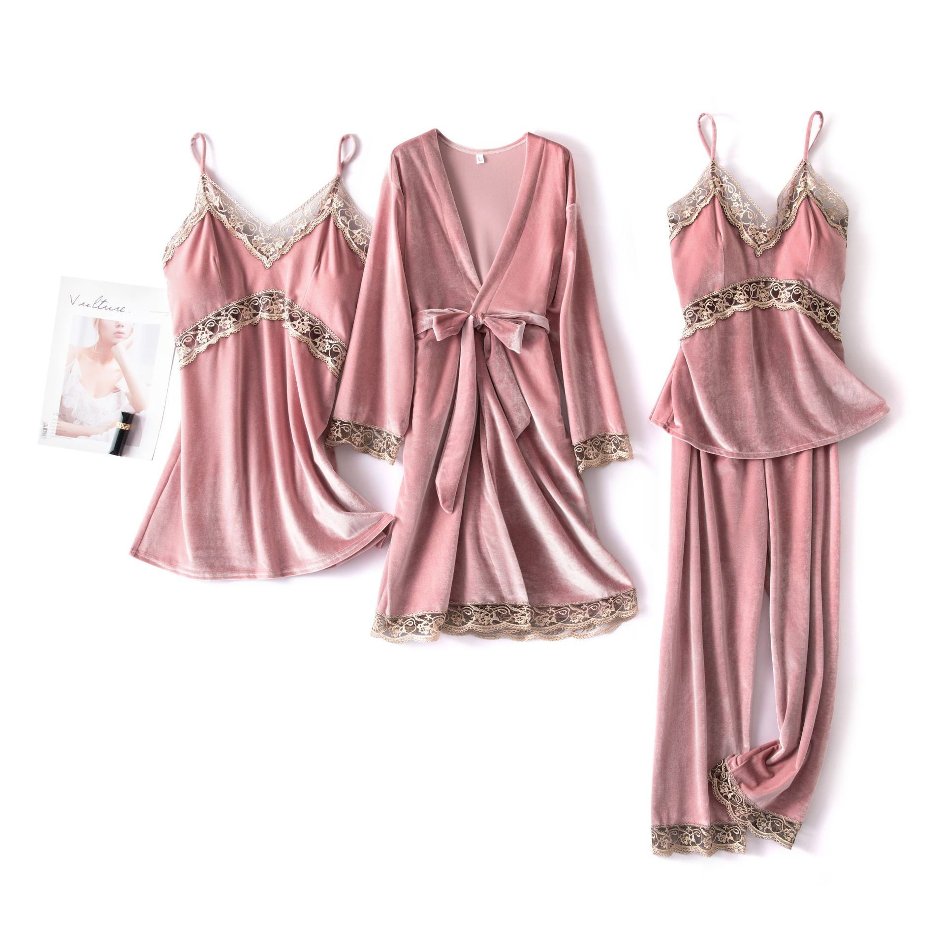 Title 4, Sexy sling velvet 4-piece long-sleeved nightgow...