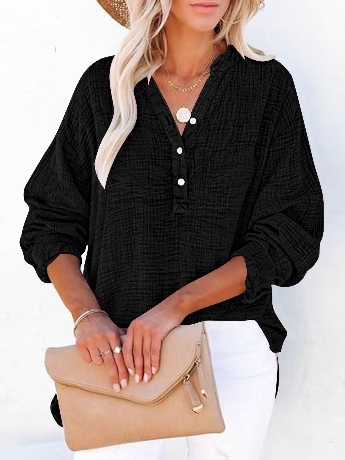 Women's Casual V-Neck Long Sleeve Blouse - Loose Fit Textured Cotton Henley Shirt For Summer