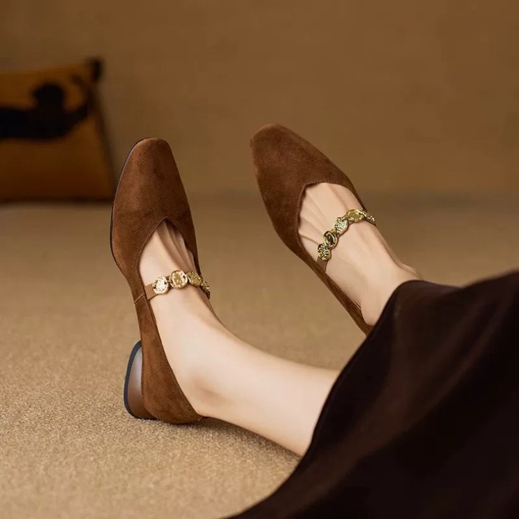 Women's French Vintage Squaretoe Suede Mary Jane Flats, New Autumn Breathable Elegant Casual Blockheel Dress Shoes