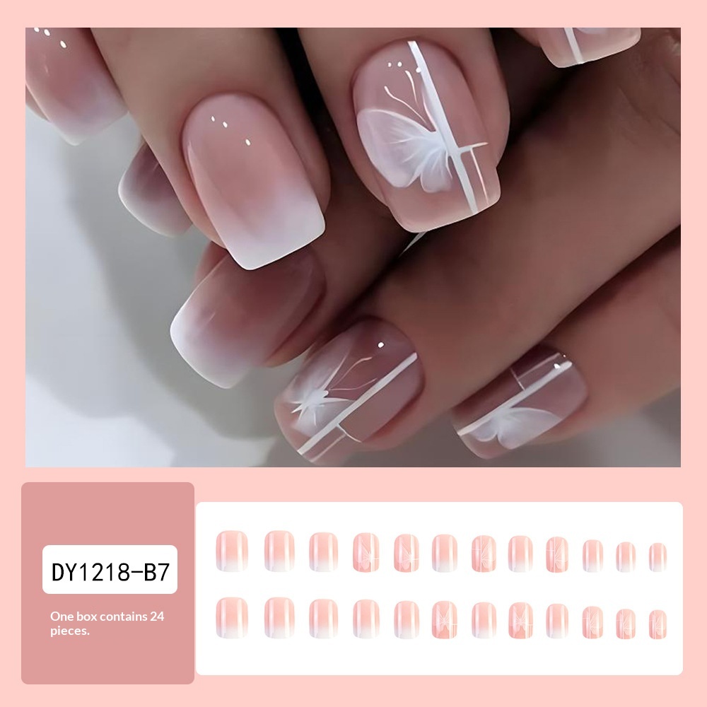 24-piece Short Square Pink Jelly Nail Polish With Gradient Butterfly Design Nail Set.Suitable For Women And Girls.Long Press On The Nail. — foto 5
