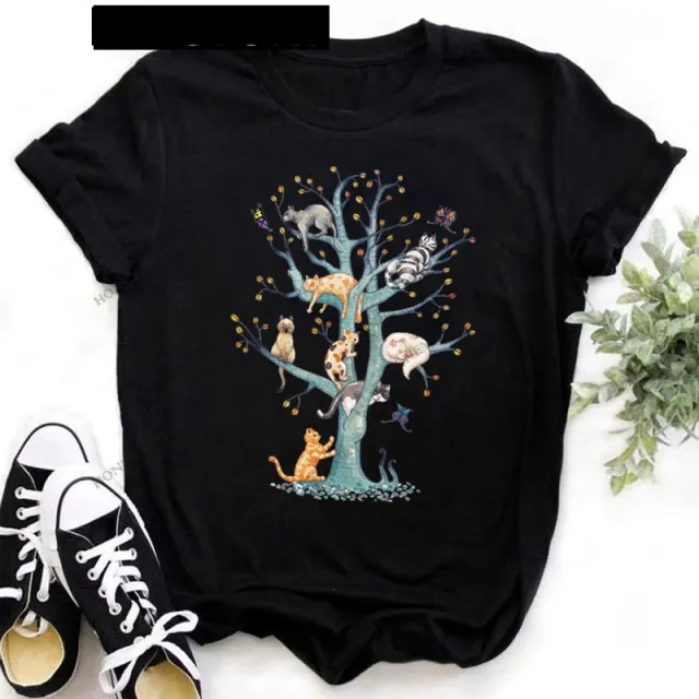 Cartoon Cat And Dog Paw Print Cute Print Black T shirt 11931Black - Shop at LoveMi