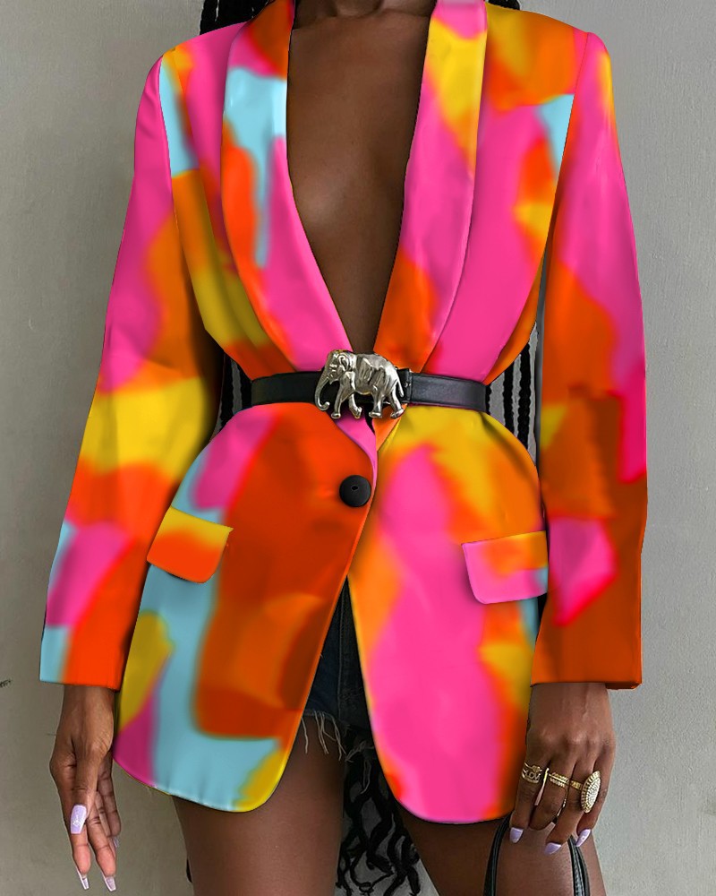 Fashion Printed Shawl Collar Single breasted Belt Blazer Women Dyeing S - Shop at LoveMi