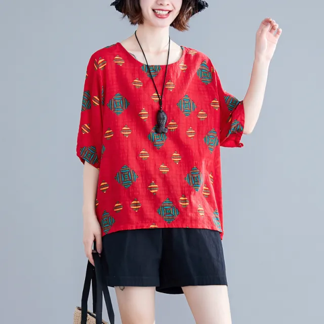 Women's Fashionable Cotton And Linen Printed Loose Round Neck Short Sleeve T shirt Red - Shop at LoveMi