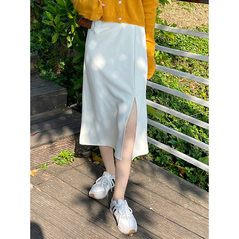 Women's Solid Color Versatile Mid Length Slit Skirt