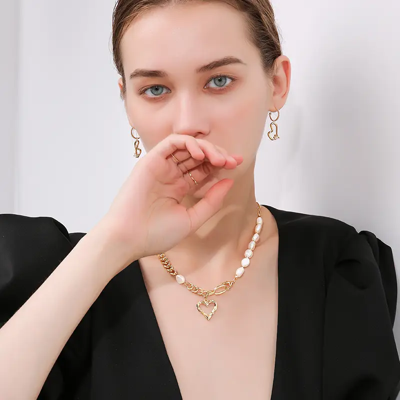 Baroque Freshwater Pearl Earrings Unique Brass Chain Pendant