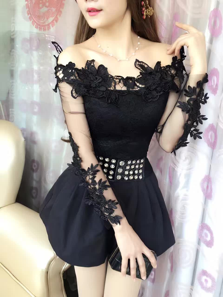 HEAVY INDUSTRY EMBROIDERY 3D FLORAL SLIM SHORT TOP Black - Shop at LoveMi