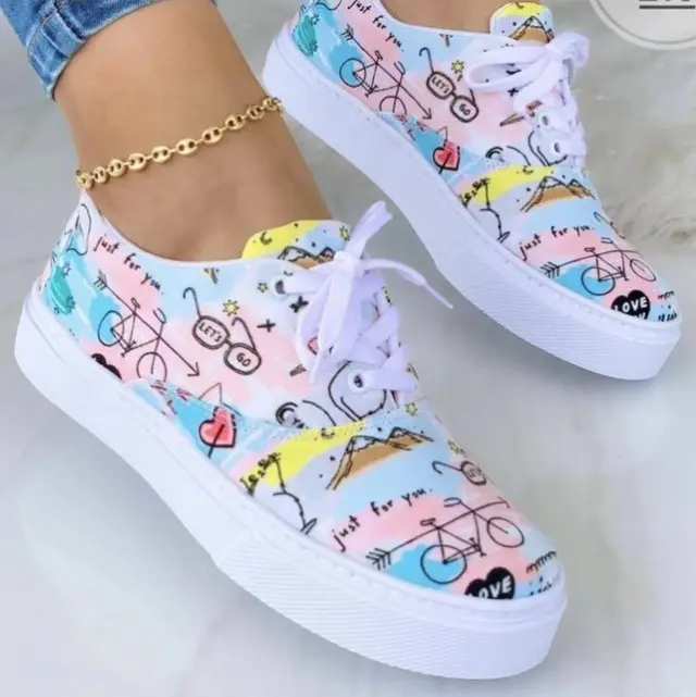 Lace up Flats Shoes Print Canvas Fashion Walking Sneakers Women Flower Color Size35 - Shop at LoveMi