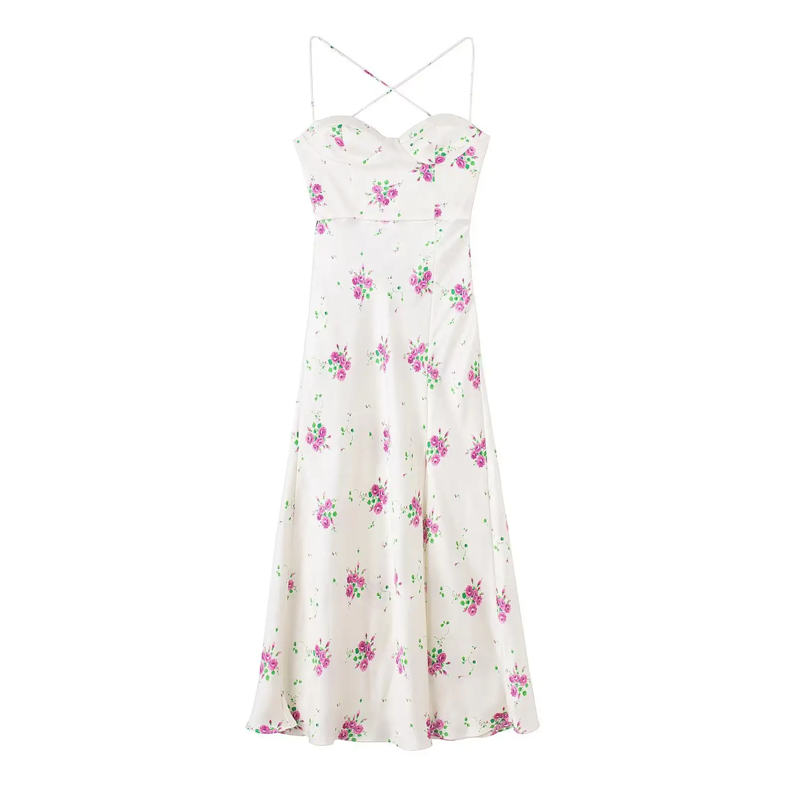 Satin Printed Back Rope Split Sling Dress