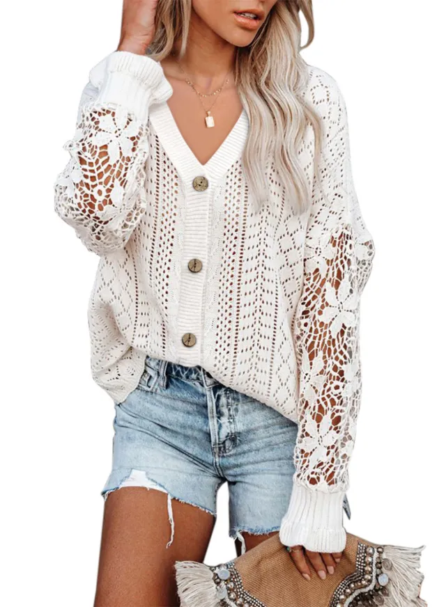 Cross border Casual Pure Color All matching Cardigan Hollow Lace Long Sleeve V neck Sweater Top Women White - Shop at LoveMi