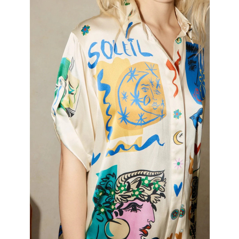 Title 3, Womens Casual Graffiti Printed Satin Shirt Set...