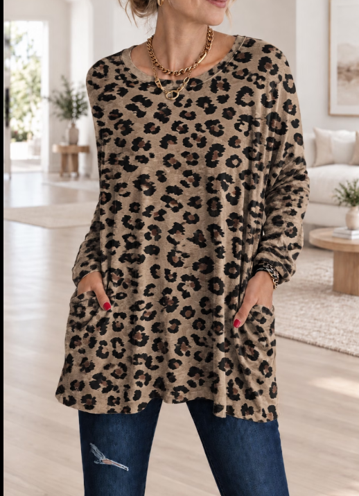 Taupe Classic Leopard Print Long Sleeve Tunic Top With Pockets product image