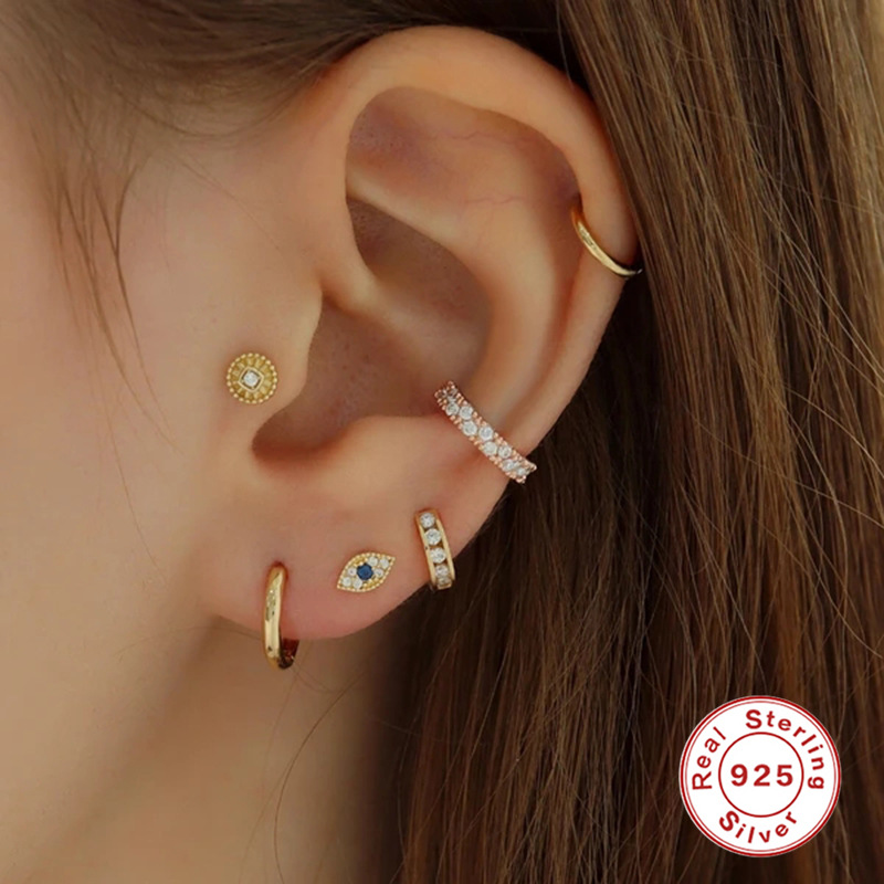 S925 Sterling Silver Single Evil Eye With Diamond Pierced Cartilage Earrings